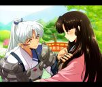  1boy 1girl armor bridge brown_hair demon_boy eyeshadow facial_mark hair_grab high_ponytail hime_cut inu_no_taishou inuyasha izayoi_(inuyasha) letterboxed light_smile looking_at_another makeup outdoors pointy_ears ponytail profile tennen_shiori tree 