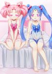  2girls barefoot bed bishoujo_senshi_sailor_moon blue_eyes blue_panties chibi_usa choker covering covering_crotch crossover double_bun facial_mark forehead_mark glowing glowing_eyes hair_bobbles hair_bun hair_ornament highres lingerie long_hair masaki_sasami_jurai multiple_girls navel negligee panties pink_eyes pink_hair pink_panties see-through sitting smile tenchi_muyou! twintails underwear vahn_yourdoom very_long_hair 