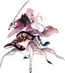  1boy armor beads blood blood_on_face bloody_clothes blue_eyes green_eyes heterochromia injury japanese_armor japanese_clothes katana male_focus off_shoulder official_art open_mouth pink_hair sode souza_samonji suzuki_jirou sword torn_clothes touken_ranbu weapon 
