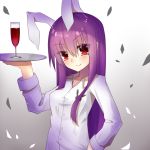  1girl animal_ears blush cup drinking_glass gradient gradient_background long_hair long_sleeves looking_at_viewer mei_mu purple_hair rabbit_ears red_eyes reisen_udongein_inaba shirt smile solo touhou tray upper_body wine_glass 