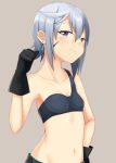  1girl black_gloves blush chris_(konosuba) collarbone earrings gloves hand_on_hip jewelry kono_subarashii_sekai_ni_shukufuku_wo! looking_at_viewer navel pointing pointing_at_self reina_(leinqchqn) scar short_hair silver_hair small_breasts smile solo upper_body violet_eyes 