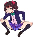  1girl annoyed black_hair black_legwear blazer bow chin_rest hair_bow kneehighs love_live!_school_idol_project plaid plaid_skirt pleated_skirt red_eyes school_uniform sitting skirt solo spread_legs twintails yazawa_nico yokkora 