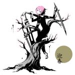  177 ambiguous_gender androgynous bangs barefoot cherry_blossoms crona_(soul_eater) dress monochrome pink_hair ragnarok_(demon_sword) short_hair simple_background soul_eater spot_color sword tree weapon white_background 