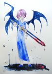  177 :p ambiguous_gender androgynous bangs blood bloody_weapon crona_(soul_eater) dress looking_at_viewer pink_eyes pink_hair ragnarok_(demon_sword) short_hair simple_background soul_eater sword tongue tongue_out traditional_media watercolor_(medium) weapon wings 