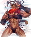  1boy abs animal_ears bell brown_hair cat_ear_panties cat_ears cat_lingerie cleavage_cutout commentary crossdressinging guilty_gear lying muscle oro_(sumakaita) panties potemkin_(guilty_gear) side-tie_panties solo tail underwear 