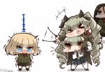  &gt;_&lt; 4girls :3 :d anchovy black_hair blue_eyes blush braid brown_hair cape carrying chibi closed_eyes commentary_request dual_persona girls_und_panzer grey_hair hair_ribbon holding katyusha long_hair military military_uniform multiple_girls nonna open_mouth pleated_skirt ribbon riding_crop short_hair shoulder_carry skirt smile tanaka_kusao tearing_up tears trembling twin_braids twintails uniform waving_arm x3 xd 