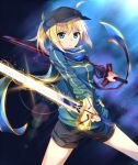  1girl ahoge baseball_cap blonde_hair blue_scarf dual_wielding excalibur fate/grand_order fate/stay_night fate_(series) green_eyes hat heroine_x jacket looking_at_viewer ponytail scarf shorts solo sword track_jacket tsuedzu weapon 
