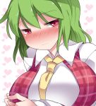  1girl between_breasts blush breast_hold breasts collared_shirt eyebrows eyebrows_visible_through_hair frown green_hair hair_between_eyes hammer_(sunset_beach) heart heart_background kazami_yuuka large_breasts long_sleeves looking_at_viewer necktie necktie_between_breasts nose_blush plaid plaid_vest red_eyes red_vest shirt short_hair simple_background solo touhou tsurime upper_body vest wavy_mouth white_shirt yellow_necktie 