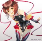  1girl 2016 :d artist_request ass_visible_through_thighs bangs bare_shoulders blush breasts brown_hair cosplay covered_navel covered_nipples dated elbow_gloves female fingerless_gloves frills gloves grey_hair hair_ribbon imo kantai_collection leaning_forward leotard long_hair looking_at_viewer mizuki_yukikaze_(cosplay) multicolored_hair namesake open_mouth ribbon shiny shiny_skin short_hair simple_background sleeveless small_breasts smile solo source_request taimanin_yukikaze thigh-highs two-tone_hair white_background yellow_eyes yukikaze_(kantai_collection) 
