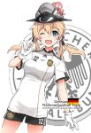  1girl 2010 2010_fifa_world_cup ;d anchor_symbol animal animal_on_head black_shorts blonde_hair blue_eyes blush cowboy_shot emblem eyebrows eyebrows_visible_through_hair fujii_jun german_flag hair_between_eyes hat jersey kantai_collection number octopus one_eye_closed open_mouth peaked_cap prinz_eugen_(kantai_collection) short_sleeves shorts simple_background smile soccer_uniform solo sportswear tareme waving white_background world_cup 