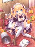  1girl bent_knees blonde_hair blue_eyes boots breasts bucket cleavage crying flower highres long_hair maid moe2016 original sitting_on_floor solo thigh-highs twintails water wet white_legwear zenyu 