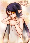  1girl aori_(splatoon) black_hair long_hair looking_at_viewer mask mole mole_under_eye naked_towel nyani parted_lips pointy_ears solo splatoon towel twintails very_long_hair yellow_eyes 