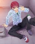  1boy black_eyes bruise bucket bullying collared_shirt cracked_wall crying earrings floor injury jewelry male_focus open_mouth original redhead shirt single_shoe sitting socks spill sumimoto_ryuu tears wet 