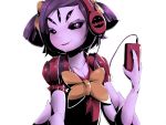  1girl black_sclera bow bowtie breasts cleavage digital_media_player extra_arms extra_eyes fang h.b hair_bow headphones highres insect_girl lipstick looking_at_viewer makeup monster_girl muffet purple_hair purple_skin short_twintails smile solo spider_girl twintails undertale upper_body violet_eyes white_background 