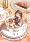  1girl absurdres blue_eyes blueberry brown_hair crumpets cup dress flower food fruit heath_(artist) highres hourglass minigirl original short_hair sitting smile solo spoon strawberry sugar_cube teacup teapot toast twintails 