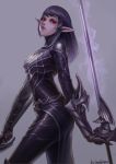  1girl absurdres armor dual_wielding elf gauntlets hellcherr highres lipstick long_hair looking_at_viewer magic makeup nail_polish pointy_ears purple_skin rapier red_eyes skin_tight smile solo sword weapon 