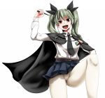  1girl anchovy belt brown_eyes cape girls_und_panzer grey_hair hair_ribbon highres long_hair long_sleeves looking_at_viewer necktie open_mouth pantyhose pleated_skirt ribbon riding_crop shirt skirt smile solo twintails upskirt white_legwear yaruku 