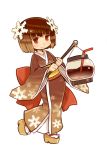  1girl absurdres brown brown_eyes brown_hair full_body geta hair_ornament highres holding japanese_clothes kimono long_sleeves open_mouth sandals scarf shigatake short_hair smile solo wide_sleeves yukico-tan yukijirushi 