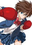  1girl blue_eyes boxing_gloves brown_hair jacket long_sleeves looking_at_viewer nein open_clothes open_jacket plaid plaid_skirt pleated_skirt short_hair simple_background skirt solo white_background 