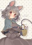  1girl animal_ears basket blush capelet crossed_arms grey_hair highres long_sleeves looking_at_viewer mouse mouse_ears mouse_tail nazrin polka_dot polka_dot_background red_eyes shirt short_hair skirt skirt_set solo tail tail_hold touhou usamata 
