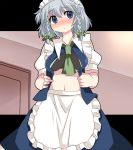  1girl apron ascot belly black_bra blue_eyes blush bra braid breasts frown hammer_(sunset_beach) izayoi_sakuya long_skirt maid maid_apron maid_headdress midriff navel open_clothes open_shirt revision shirt short_hair shy silver_hair skirt solo touhou twin_braids under_boob underwear waist_apron 