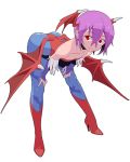  1girl 9aki ass bare_shoulders bat_print bat_wings bent_over boots crossed_bangs flat_chest full_body hands_on_own_knees high_heels leotard lilith_aensland looking_at_viewer lowres red_eyes short_hair smile solo vampire_(game) wings 