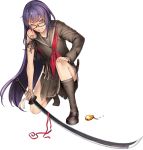  1girl artist_request bandaged_hands black-framed_glasses blue_eyes character_request copyright_request furrowed_eyebrows hand_on_own_knee katana loafers long_hair long_sleeves purple_hair ribbon school_uniform shoes simple_background skirt solo squatting strap_slip sweat sword torn_clothes weapon white_background wince 
