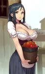  1girl :o apple bangs black_hair blouse blue_skirt blurry bodice breasts brown_eyes bucket building carrying cleavage collarbone copyright_request corset cowboy_shot depth_of_field dirndl food fruit german_clothes holding_bucket house houtengeki large_breasts long_skirt looking_at_viewer outdoors parted_bangs parted_lips ponytail puffy_short_sleeves puffy_sleeves short_sleeves sidelocks skirt solo underbust white_blouse 