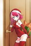  1girl bare_shoulders blue_eyes box covered_navel dress elbow_gloves finger_to_mouth fur_trim gift gift_box gloves hat hiiragi_yuzu multicolored_hair pink_hair santa_costume santa_hat short_twintails solo tere thigh-highs twintails two-tone_hair yuu-gi-ou yuu-gi-ou_arc-v zettai_ryouiki 