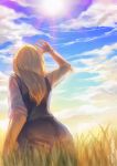  1girl absurdres blonde_hair christon-clivef claire_(harvest_moon) dated from_behind harvest_moon highres long_hair overalls signature sky solo sun 