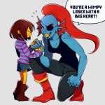  1girl androgynous artist_request blue_skin boots breasts brown_hair claws cleavage closed_eyes commentary_request dark_skin denim english eyepatch eyeshadow fangs frisk_(undertale) grin height_difference jeans kneeling long_hair makeup monster_girl pants ponytail redhead sharp_teeth short_hair shorts size_difference smile speech_bubble striped teeth undertale undyne 