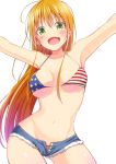  1girl ahoge american_flag_bikini armpits attsun_(atsushi_jb) bare_shoulders bikini blonde_hair blush breasts cleavage denim denim_shorts fang flag_print green_eyes long_hair looking_at_viewer navel open_mouth original outstretched_arms short_shorts shorts simple_background smile solo spread_arms swimsuit 