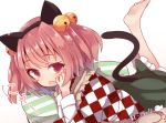  1girl :o animal_ears barefoot bell beni_shake blush bow cat_ears cat_tail checkered_shirt fake_animal_ears fang feet hair_bell hair_bow hair_ornament japanese_clothes kimono looking_at_viewer motoori_kosuzu open_mouth pillow pink_hair red_eyes shirt short_hair solo tail toes touhou two_side_up 