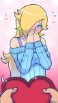  1girl akairiot bare_shoulders blonde_hair blue_eyes blush breasts casual confession covering_mouth earrings full-face_blush hair_over_one_eye heart jewelry long_hair looking_at_viewer super_mario_bros. off-shoulder_sweater pov ribbed_sweater rosetta_(mario) smile star star_earrings super_mario_bros. super_mario_galaxy sweater valentine 