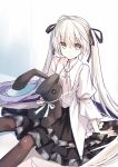  1girl brown_eyes grey_eyes highres hika_(cross-angel) kasugano_sora long_hair pantyhose solo stuffed_animal stuffed_bunny stuffed_toy white_hair yosuga_no_sora 