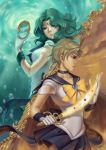  absurdres aqua_hair bishoujo_senshi_sailor_moon blue_eyes bow choker circlet highres kaiou_michiru looking_back mirror profile sailor_neptune sailor_saturn sailor_uranus saturn_(artist) sword ten&#039;ou_haruka weapon 