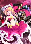  1girl :d adapted_costume animal bandeau bare_shoulders bat blonde_hair blush bow bowtie clenched_teeth collarbone crystal demon_wings detached_collar dual_persona dutch_angle elbow_gloves evil_grin evil_smile fang flandre_scarlet flying frilled_hat frills gloves grin hair_between_eyes hands_on_own_cheeks hands_on_own_face hat hat_bow long_skirt looking_at_viewer midriff mob_cap multiple_girls navel open_mouth red_bow red_skirt silhouette skirt smile stomach teeth tooth touhou violet_eyes walking white_bow white_gloves white_hat wings yaki_mayu yellow_bow yellow_bowtie 