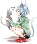  1girl animal_ears blue_eyes blue_hair casual cat cat_ears chima_(fusigiko) shinon_(sao-alo) short_hair shorts squatting sword_art_online tail 
