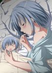  2girls :o bare_shoulders bed_sheet blanket blue_shirt blush chibi frilled_pillow frills from_above from_side ghost ghost_pillow konpaku_youmu konpaku_youmu_(ghost) multiple_girls nori_tamago off_shoulder outstretched_arm parted_lips pillow shirt short_hair silver_hair sleeping upper_body 