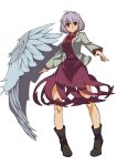  1girl ahoge bad_anatomy bangs blush boots bow bowtie d: dress full_body jacket kishin_sagume legs_apart long_sleeves looking_at_viewer open_mouth purple_dress red_bow red_eyes short_hair signature silver_hair single_wing solo standing touhou umigarasu_(kitsune1963) white_background wings 