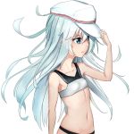  1girl absurdres adjusting_clothes adjusting_hat armpits bandeau bare_shoulders bikini blue_eyes blush collarbone cowboy_shot expressionless from_side hammer_and_sickle hat hibiki_(kantai_collection) highres kantai_collection long_hair looking_to_the_side midriff navel rubellent silver_hair simple_background smile solo stomach swimsuit tsurime verniy_(kantai_collection) very_long_hair wavy_mouth white_background white_hat 