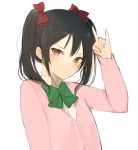  1girl arm_up black_hair blush bow bowtie buttons collared_shirt expressionless green_bow green_bowtie hair_bow hand_gesture head_tilt long_sleeves love_live!_school_idol_project lp_(hamasa00) red_bow red_eyes shirt short_hair sidelocks simple_background solo two_side_up upper_body white_background yazawa_nico 