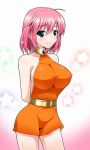  1girl arms_behind_back blush breasts final_fantasy final_fantasy_v green_eyes large_breasts lenna_charlotte_tycoon looking_at_viewer orange_shirt pink_hair revealing_clothes shirt short_hair sideboob smile solo tamane 