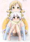  2girls abutomato blonde_hair cushion feet hat highres mahou_shoujo_madoka_magica momoe_nagisa multiple_girls shorts socks tomoe_mami white_hair yellow_eyes 