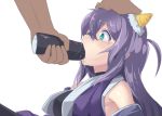  1girl aqua_eyes blush eating feeding food force_feeding hand_on_another&#039;s_head hand_on_head horns idolmaster idolmaster_million_live! karisuwaya long_hair looking_at_viewer makizushi mochizuki_anna oni purple_hair setsubun sexually_suggestive sushi tears 