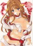  1girl absurdres antennae breasts brown_hair collarbone commentary_request gift_wrapping grey_eyes happy_valentine head_grab highres kantai_collection kongou_(kantai_collection) large_breasts long_hair marker_(medium) naked_ribbon navel open_mouth ribbon solo traditional_media valentine yurun 