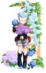  1boy black_boots boots closed_eyes earrings flower freckles full_body holding holding_flower jean_pierre_polnareff jewelry jojo_no_kimyou_na_bouken male_focus petals plant pouch puddle shorts silver_hair smile solo tianel_ent twitter_username water younger 