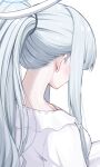  1girl absurdres alternate_costume blue_archive breasts dress grey_hair halo highres large_breasts long_hair long_sleeves mechanical_halo nape noa_(blue_archive) ponytail reia_76 simple_background solo upper_body white_background white_dress 