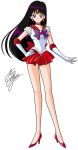  1girl bishoujo_senshi_sailor_moon black_hair bow brooch choker earrings elbow_gloves full_body gloves hand_on_hip high_heels hino_rei jewelry long_hair looking_at_viewer magical_girl marco_albiero pleated_skirt purple_bow red_bow red_shoes red_skirt sailor_collar sailor_mars shoes signature skirt smile solo standing star star_earrings tiara violet_eyes white_background white_gloves 
