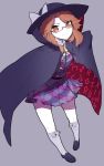  1girl belt brown_eyes brown_hair cape dress full_body glasses grey_legwear hat hat_ribbon kneehighs looking_at_viewer low_twintails plaid plaid_dress red-framed_glasses ribbon shoes short_hair simple_background smile solo thupoppo touhou twintails usami_sumireko 